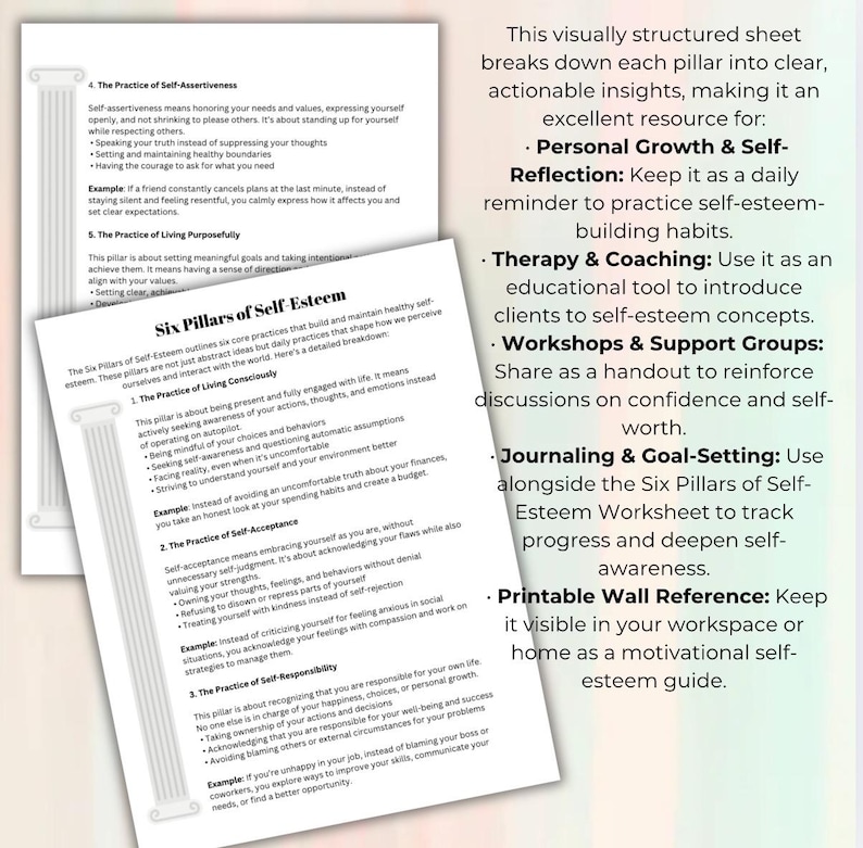 May include: A printable worksheet with six pillars of self-esteem. The pillars are: Living Consciously, Self-Acceptance, Self-Responsibility, Self-Assertiveness, Living Purposefully, and Self-Esteem. The worksheet is a great resource for personal growth, therapy, coaching, workshops, journaling, and goal setting.