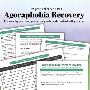 Könnte beinhalten: Eine Sammlung von druckbaren Arbeitsblättern mit dem Titel "Agoraphobia Recovery" mit dem Text "Empowering exercises, quick coping tools, and creative healing prompts". Die Arbeitsblätter behandeln Themen wie Coping-Toolboxen, Exposition und Umdenken.