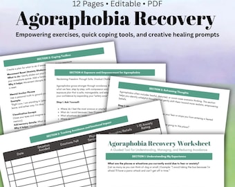 May include: A collection of printable worksheets titled "Agoraphobia Recovery" with the text "Empowering exercises, quick coping tools, and creative healing prompts." The worksheets cover topics like coping toolboxes, exposure, and reframing thoughts.