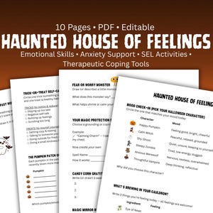 May include: A set of printable worksheets titled "Haunted House of Feelings" with various activities. The worksheets focus on emotional skills, anxiety support, and therapeutic coping tools. The pages are white with black text and Halloween-themed illustrations.