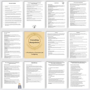 May include: A collection of twelve informational pages and a central cover page titled Unmasking Manipulation: A Workbook on Narcissism and Gaslighting. The documents feature black text on white backgrounds, with the cover page in a tan color.