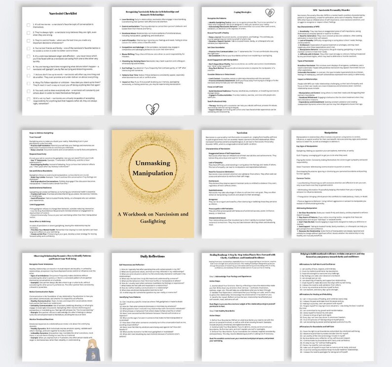 May include: A collection of twelve informational pages and a central cover page titled Unmasking Manipulation: A Workbook on Narcissism and Gaslighting. The documents feature black text on white backgrounds, with the cover page in a tan color.