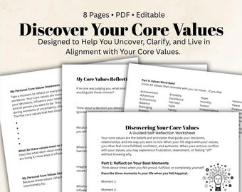 Discover Your Core Values Workbook Counseling Tool Self-Discovery Printable Values Clarification Worksheets Personal Growth Therapy Support