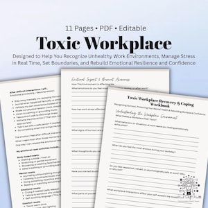 Może przedstawiać: PDF-owy zeszyt ćwiczeń zatytułowany "Toxic Workplace" z 11 stronami, zaprojektowany, aby pomóc w rozpoznawaniu niezdrowych środowisk pracy i radzeniu sobie ze stresem. Okładka zawiera tytuł pogrubioną czcionką, z widocznymi przykładowymi stronami.