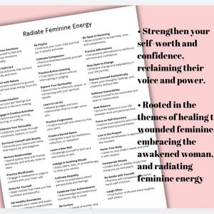 Puede incluir: Un gr&aacute;fico rosa y blanco con texto que dice "Irradia energ&iacute;a femenina" y "Fortalece tu autoestima y confianza, reclamando tu voz y poder." El gr&aacute;fico enumera formas de irradiar energ&iacute;a femenina, como "Abraza tus emociones", "Cu&iacute;date", "Con&eacute;ctate con la naturaleza", "Cultiva la intuici&oacute;n", "Participa en actividades creativas", "Abraza tu sensualidad", "Rod&eacute;ate de belleza", "Nutre las relaciones", "Practica la atenci&oacute;n plena", "V&iacute;stete para ti", "Establece l&iacute;mites saludables", "S&eacute; juguet&oacute;n", "Cultiva la compasi&oacute;n", "Practica la escucha activa", "Explora tu espiritualidad", "Aprende a soltar", "Practica el perd&oacute;n", "Crea un espacio sagrado", "Aprende una nueva habilidad", "Indulge en rituales relajantes", "Cultiva la empat&iacute;a", "Celebra tus logros", "S&eacute; curioso", "Est&eacute; abierto a recibir", "Practica afirmaciones", "Mantente abierto al cambio", "Expr&eacute;sate aut&eacute;nticamente", "Abraza la vulnerabilidad", "Busca el equilibrio", "Enf&oacute;cate en el autodescubrimiento", "Vive en el presente", "Honra tu cuerpo", "Incorpora rituales", "S&eacute; amable contigo mismo", "R&iacute;e a menudo".