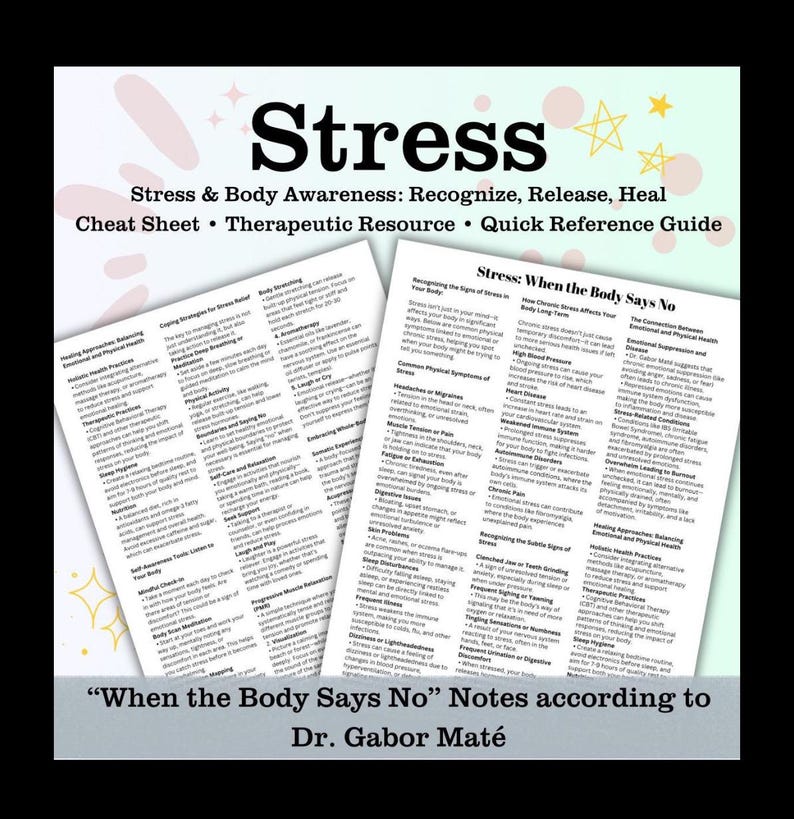 May include: A pink and white illustrated cheat sheet with the title "Stress: When the Body Says No" and the text "When the Body Says No" Notes according to Dr. Gabor Mat&eacute;. The cheat sheet provides information on how to recognize, release, and heal stress.