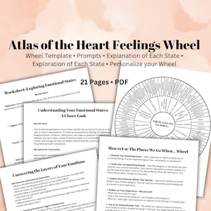 Könnte beinhalten: Ein schwarz-weißes, druckbares Arbeitsblatt mit dem Titel "Atlas of the Heart Feelings Wheel" mit einem Raddiagramm, das verschiedene emotionale Zustände zeigt. Das Arbeitsblatt enthält Aufforderungen und Erklärungen für jeden Zustand. Der Text "21 Pages PDF" ist ebenfalls sichtbar.