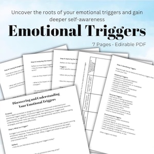 May include: A pile of white A4 worksheets titled "Emotional Triggers" with text about emotional awareness and self-understanding. The worksheets include sections on identifying triggers, coping strategies, and analyzing impact. The image has a light blue background.