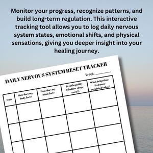 May include: A printable daily nervous system reset tracker with columns for date, how your body feels, how your mind feels, breath quality, and what helped you feel more regulated today.