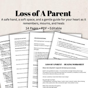 Puede incluir: Un conjunto de hojas de trabajo imprimibles tituladas "Loss of A Parent" diseñadas para guiar a las personas a través del duelo. Las páginas incluyen indicaciones para la reflexión, los hitos de la curación y una hoja de trabajo de curación. El texto es negro sobre fondo blanco.