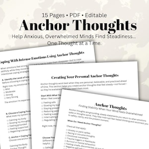 Op de afbeelding: Een digitale download met de titel "Anchor Thoughts" met de tekst "Help angstige, overweldigde geesten stabiliteit te vinden... Eén gedachte tegelijk." De pagina's bieden begeleiding bij het omgaan met emoties en het creëren van persoonlijke ankergedachten.