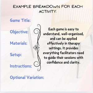 Puede incluir: Gr&aacute;fico que detalla el desglose de una actividad, con t&iacute;tulos como 'T&iacute;tulo del juego', 'Objetivo', 'Materiales', 'Configuraci&oacute;n', 'Instrucciones' y 'Variaci&oacute;n opcional'.