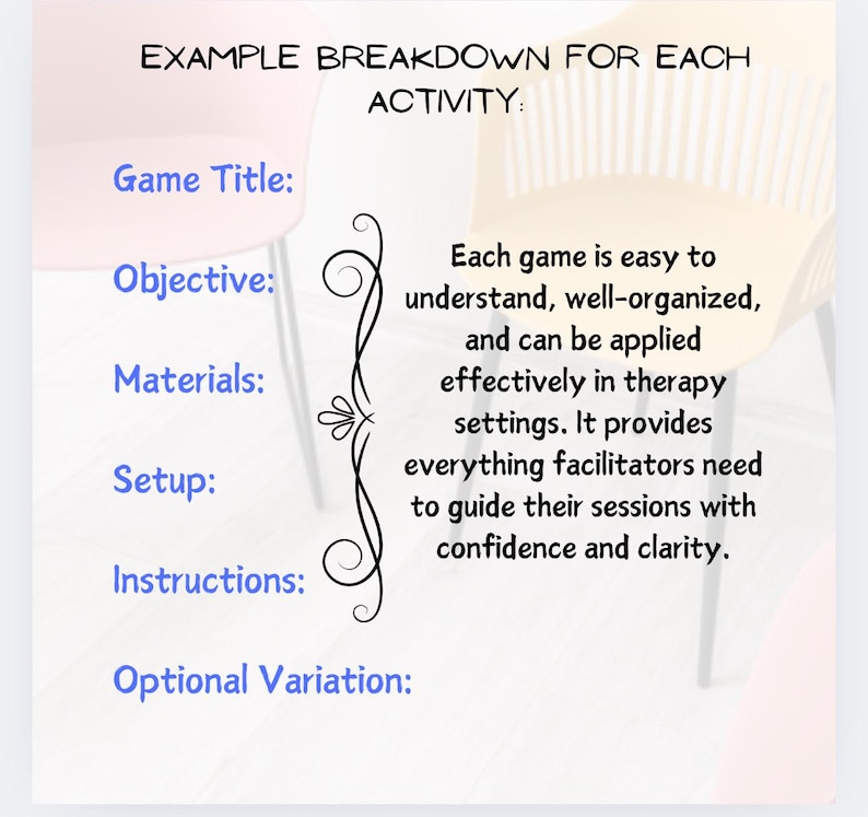 Puede incluir: Gr&aacute;fico que detalla el desglose de una actividad, con t&iacute;tulos como 'T&iacute;tulo del juego', 'Objetivo', 'Materiales', 'Configuraci&oacute;n', 'Instrucciones' y 'Variaci&oacute;n opcional'.
