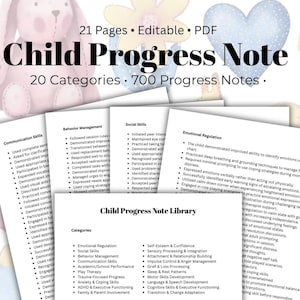 Könnte beinhalten: Ein "Child Progress Note" Dokument mit 21 Seiten, bearbeitbar als PDF. Es enthält 20 Kategorien und 700 Fortschrittsnotizen. Der Titel "Child Progress Note" ist groß und fett auf dem Cover abgebildet.