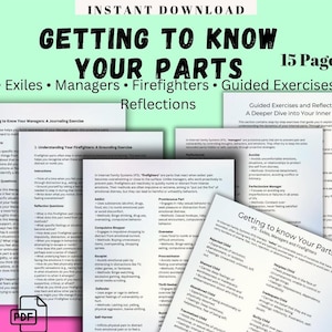 May include: A digital download of a 15-page workbook titled "Getting to Know Your Parts" with a pink, green, and white background. The workbook includes guided exercises and reflections on Internal Family Systems (IFS) parts, including Exiles, Managers, and Firefighters.