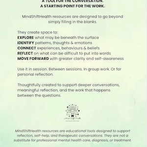 May include: A light green informational card titled A TOOL FOR THE CONVERSATION. A STARTING POINT FOR THE WORK. It lists MindShiftHealth resources for exploring patterns, thoughts, emotions, and beliefs, featuring a small logo and a disclaimer at the bottom.