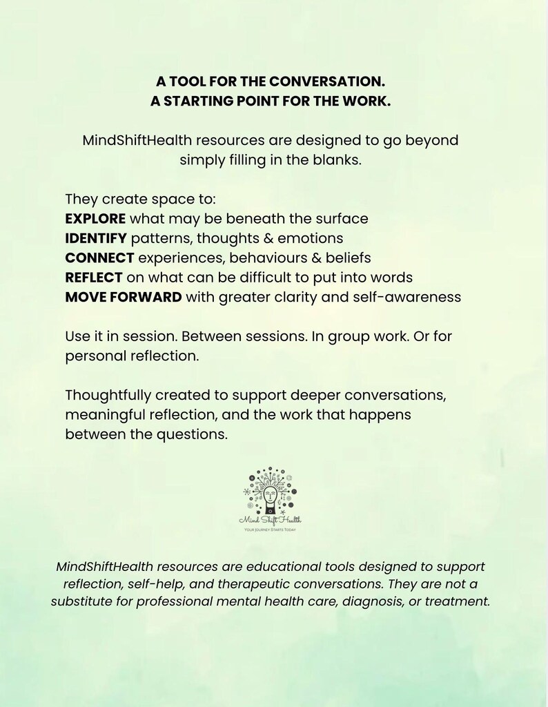 May include: A light green informational card titled A TOOL FOR THE CONVERSATION. A STARTING POINT FOR THE WORK. It lists MindShiftHealth resources for exploring patterns, thoughts, emotions, and beliefs, featuring a small logo and a disclaimer at the bottom.