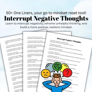 Puede incluir: Una infografía colorida con el título "Interrumpir los pensamientos negativos" y una lista de afirmaciones positivas y preguntas que invitan a la reflexión para ayudar a replantear el pensamiento negativo. La infografía presenta una ilustración de dibujos animados de una persona con burbujas de pensamiento sobre su cabeza.