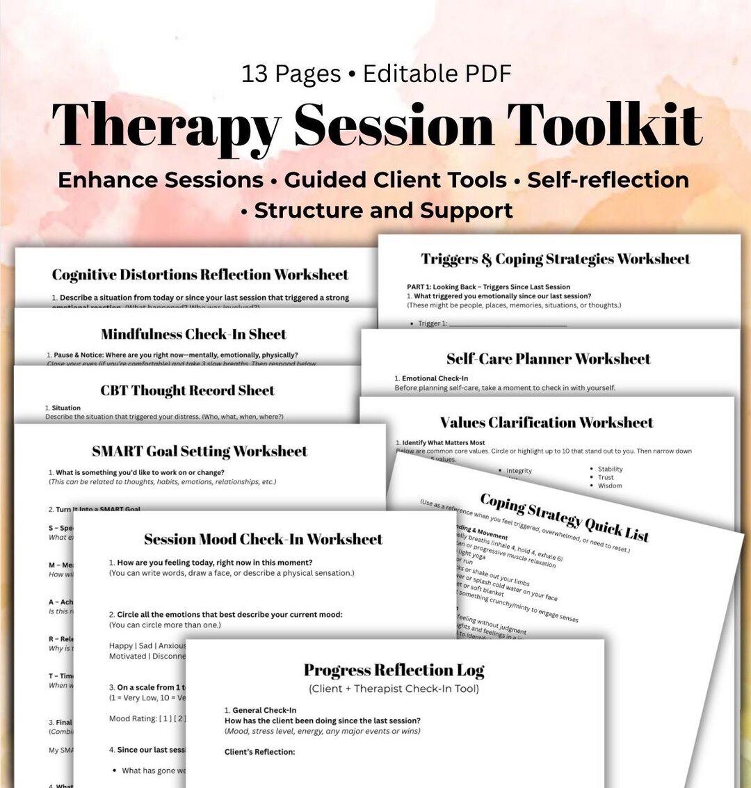 Therapy Session Toolkit: CBT, Mindfulness Worksheets (editable PDF) - Etsy