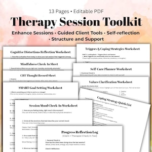 Può includere: Un set di fogli di lavoro di terapia stampabili da utilizzare durante una sessione di terapia. I fogli di lavoro includono titoli come "Foglio di riflessione sulle distorsioni cognitive", "Foglio di controllo della consapevolezza", "Foglio di registrazione dei pensieri CBT", "Foglio di lavoro per l'impostazione degli obiettivi SMART", "Foglio di lavoro sui trigger e le strategie di coping", "Foglio di pianificazione dell'auto-cura", "Foglio di chiarimento dei valori", "Elenco rapido delle strategie di coping", "Foglio di controllo dell'umore della sessione" e "Registro di riflessione sui progressi".