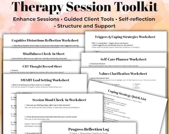 May include: A set of printable therapy worksheets for use in a therapy session. The worksheets include titles such as "Cognitive Distortions Reflection Worksheet", "Mindfulness Check-In Sheet", "CBT Thought Record Sheet", "SMART Goal Setting Worksheet", "Triggers & Coping Strategies Worksheet", "Self-Care Planner Worksheet", "Values Clarification Worksheet", "Coping Strategy Quick List", "Session Mood Check-In Worksheet", and "Progress Reflection Log".