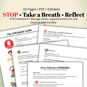 Pode incluir: Um conjunto de folhas de trabalho imprimíveis intituladas "STOP Take a Breath Reflect" para o gerenciamento do estresse. As páginas incluem guias sobre a estrutura STR, dicas rápidas e exercícios de desenvolvimento de habilidades de tolerância ao estresse. O design é branco com texto preto e vermelho.