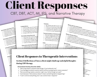 Könnte beinhalten: Mehrere bedruckte Seiten mit dem Titel „Client Responses“ mit dem Text „24 Seiten • Bearbeitbar • PDF“. Die Seiten enthalten Text zu KVT, DBT, ACT, MI, IFS und Narrativer Therapie mit verschiedenen Abschnitten und Aufzählungszeichen.