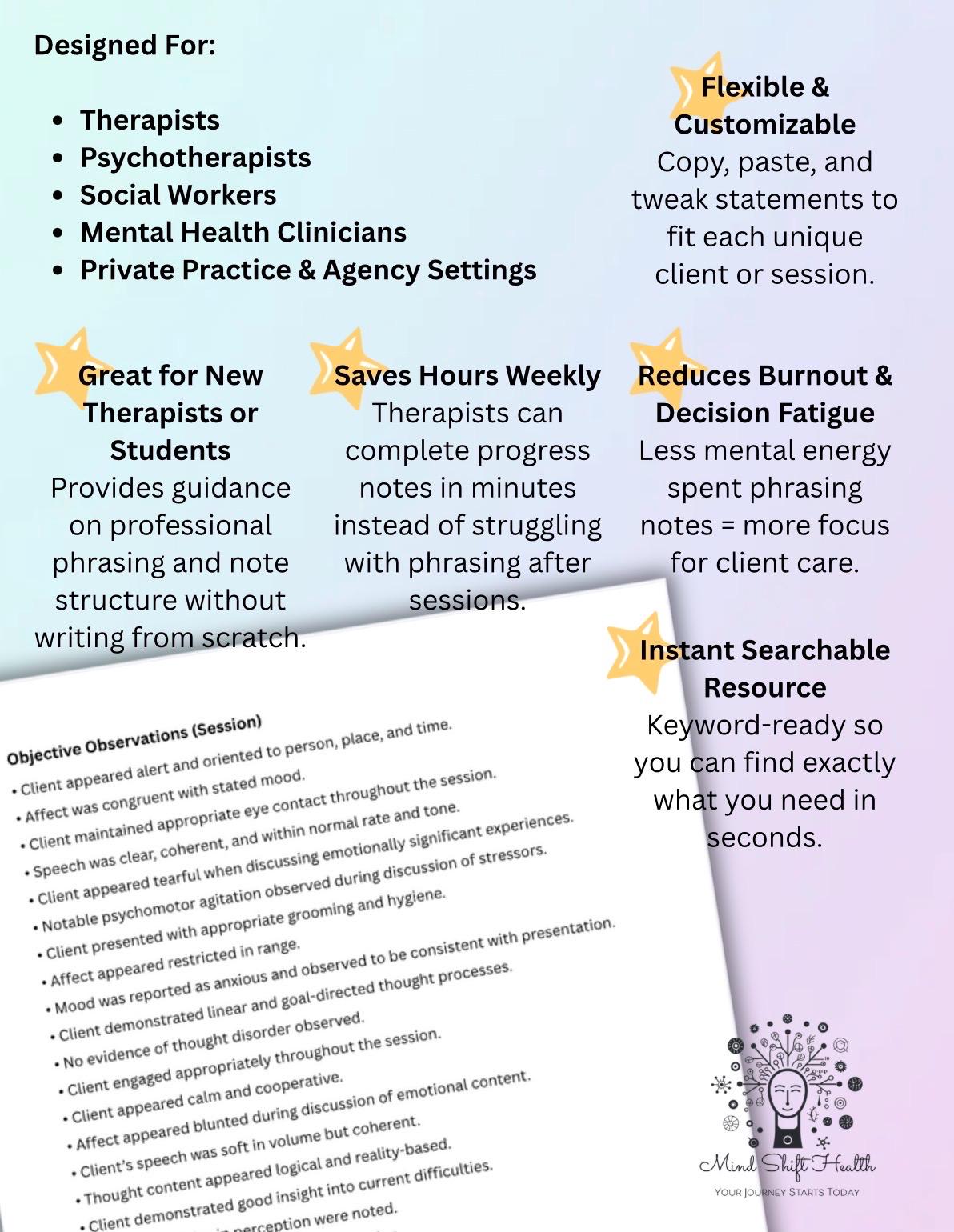 Therapist Documentation Wording Vault SOAP DAP BIRP Notes Copy & Paste ...