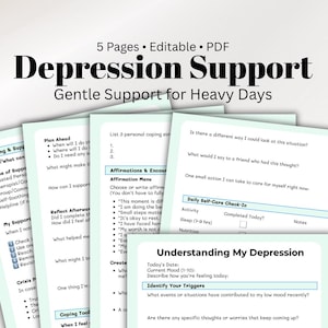Pode incluir: Um conjunto de páginas PDF imprimíveis para apoio à depressão. As páginas incluem seções para estratégias de enfrentamento, auto-cuidados e identificação de gatilhos. O título diz "Apoio à Depressão: Apoio suave para dias difíceis."