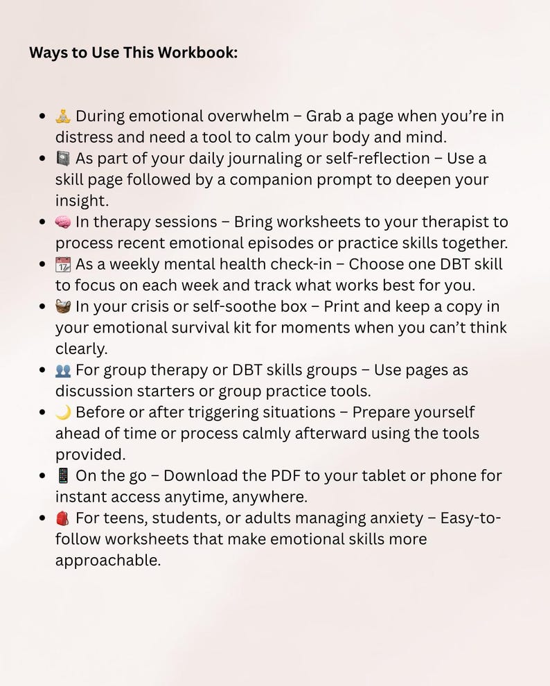 DBT Emotion Regulation Toolkit Arbetsblad för Stresstolerans Motsatt Handling Självlindrande Emotionshjul bild 3
