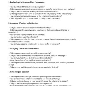 May include: A list of reflection questions to help evaluate a relationship's progression, assess affection and attention, analyze communication patterns, and reflect on isolation.
