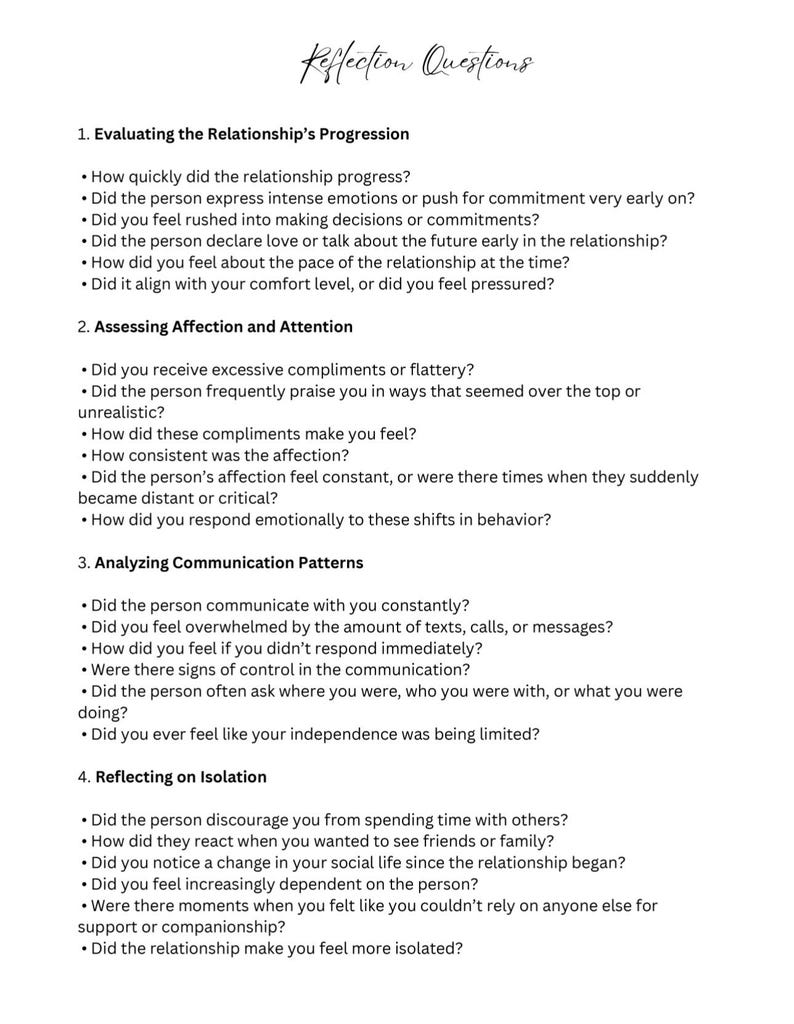 May include: A list of reflection questions to help evaluate a relationship's progression, assess affection and attention, analyze communication patterns, and reflect on isolation.