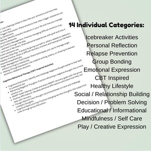 Op de afbeelding: Een wit vel papier met een lijst van 14 individuele categorie&euml;n voor groepsactiviteiten. De categorie&euml;n omvatten ijsbrekers, persoonlijke reflectie, terugvalpreventie, groepsbinding, emotionele expressie, CBT-ge&iuml;nspireerde activiteiten, een gezonde levensstijl, sociale/relatieopbouw, besluitvorming/probleemoplossing, onderwijs/informatie, mindfulness/zelfzorg en spel/creatieve expressie.