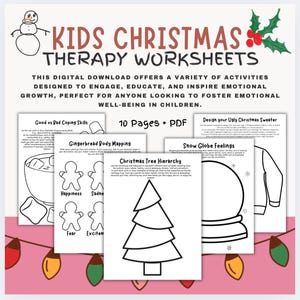 May include: Digital download of children's Christmas therapy worksheets. The worksheets include activities like coping skills, gingerbread body mapping, and designing an ugly Christmas sweater. The text reads "Kids Christmas Therapy Worksheets".