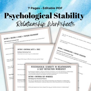 Puede incluir: Un conjunto de hojas de trabajo imprimibles diseñadas para ayudar a las personas a mejorar su estabilidad psicológica en las relaciones. Las hojas de trabajo incluyen secciones sobre la creación de relaciones estables, la seguridad y la confianza emocionales, la comunicación y la resolución de conflictos, y la conciencia emocional. Las hojas de trabajo están diseñadas para ser utilizadas como una herramienta de autorreflexión.