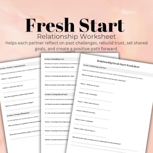 Op de afbeelding: Een printbaar werkblad met de titel "Relationship Fresh Start Worksheet" met secties om te reflecteren op het verleden, vertrouwen te herstellen, gezamenlijke doelen te stellen en af te sluiten met affirmaties. Het werkblad is ontworpen om stellen te helpen communiceren en een positieve weg vooruit te creëren.