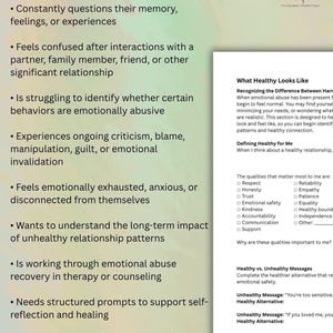 May include: A mental health workbook page featuring a list of indicators for use, including questioning memory or feeling confused after interactions. The text includes sections titled What Healthy Looks Like, Defining Healthy for Me, and Healthy vs. Unhealthy Messages.