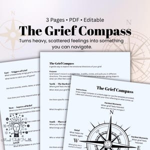 Op de afbeelding: Een PDF-document van drie pagina's met de titel "The Grief Compass" met een kompasroos. Het document is bedoeld om te helpen bij het navigeren van moeilijke gevoelens. De pagina's bevatten vragen voor zelfreflectie over rouwtriggers, bronnen van verlichting en moeilijkste momenten.