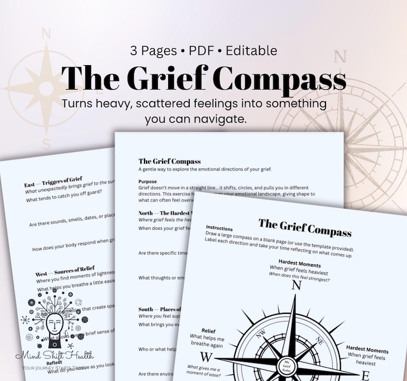 Grief Compass Worksheet Printable Grief Therapy Tool, Coping With Loss ...