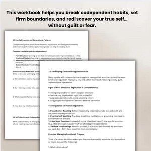 Op de afbeelding: Een werkboek met een zwart-witte omslag met de tekst "This workbook helps you break codependent habits, set firm boundaries, and rediscover your true self... without guilt or fear." Het werkboek is open op een pagina met de titel "1.3 Family Dynamics and Generational Patterns" en een pagina met de titel "3.3 Developing Emotional Regulation Skills".