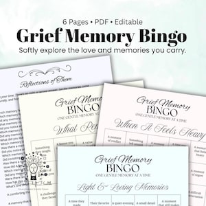 Op de afbeelding: Een verzameling afdrukbare Grief Memory Bingo-kaarten. De kaarten bevatten prompts om herinneringen te verkennen, met titels als "Reflections of Them" en "When It Feels Heavy". De tekst bevat "6 Pages PDF Editable" en "Softly explore the love and memories you carry."