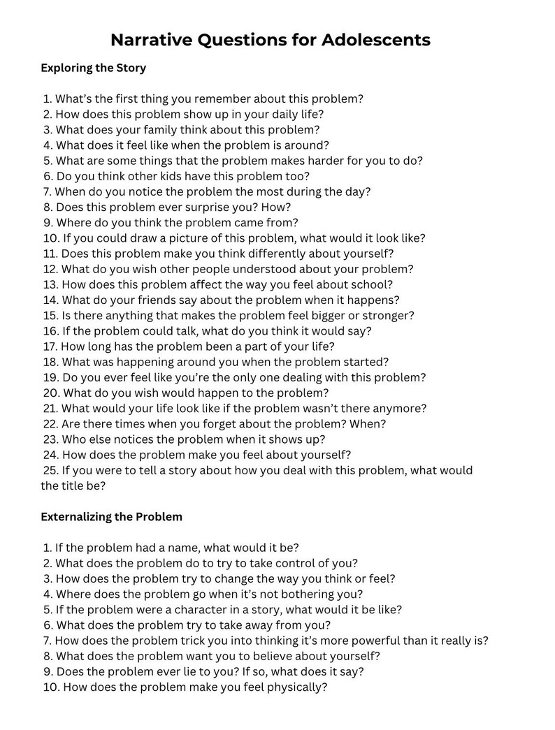 Externalising Worksheet Narrative Therapy Questions for Teens & Children (PDF Download) - Etsy