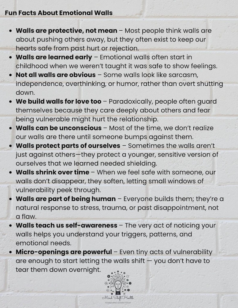 May include: A white brick wall background with the text "Fun Facts About Emotional Walls" and bullet points explaining emotional walls. The Mind Shift Health logo is at the bottom.
