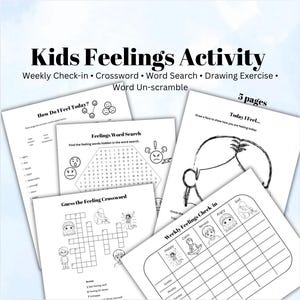 Schede didattiche divertenti sui sentimenti dei bambini, check-in giornaliero per bambini, schede di attività terapeutiche stampabili, semplici parole crociate, ricerca di parole, esercizi interattivi