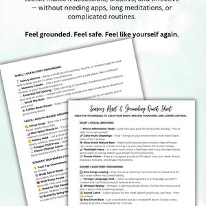 May include: A white paper titled "Sensory Reset & Grounding Quick Sheet" with text on calming techniques. The sheet includes sections on smell, taste, somatic movement, sight, sound, and touch. The background is a soft, blurred gradient.