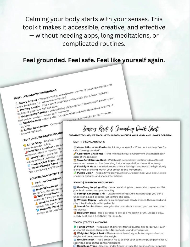May include: A white paper titled "Sensory Reset & Grounding Quick Sheet" with text on calming techniques. The sheet includes sections on smell, taste, somatic movement, sight, sound, and touch. The background is a soft, blurred gradient.