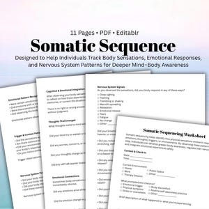 Puede incluir: Documento PDF de 11 páginas titulado «Somatic Sequence», diseñado para ayudar a las personas a rastrear las sensaciones corporales, las respuestas emocionales y los patrones del sistema nervioso. Incluye hojas de trabajo y avisos.