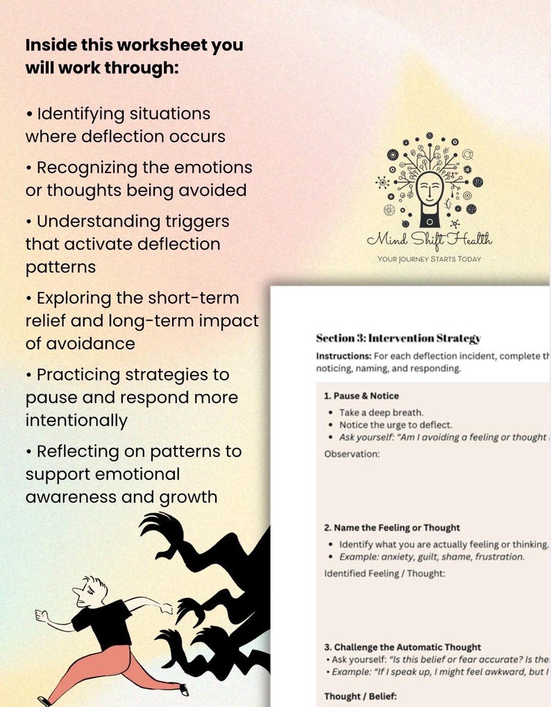 Deflection Awareness Worksheet CBT Therapy Printable for Emotional ...