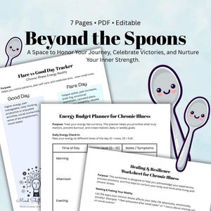May include: Digital planner with the title "Beyond the Spoons" and the subtitle "A Space to Honor Your Journey, Celebrate Victories, and Nurture Your Inner Strength." The planner includes pages for tracking energy, good days, and healing.