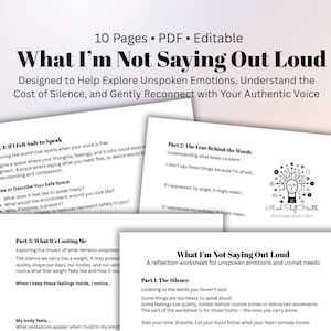 Peut inclure: Un document PDF intitulé « Ce que je ne dis pas à voix haute », avec des sections sur les émotions inexprimées et les besoins non satisfaits. Les pages sont blanches avec du texte noir, avec des invites telles que « Dessinez ou décrivez votre espace sûr ».